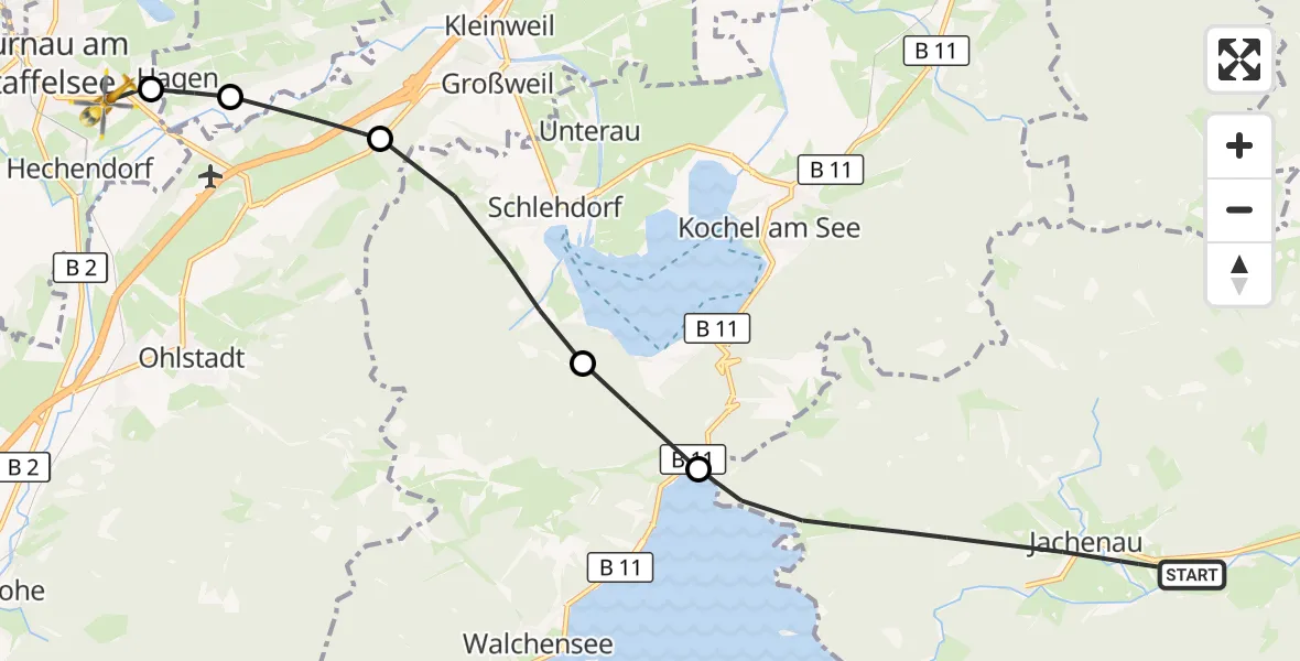 Flugroute Rettungshubschrauber Jachenau - Murnau Accident Hospital, 05 April 2026, 13:40