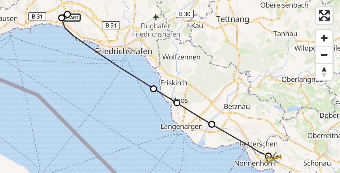 Flugroute Rettungshubschrauber Friedrichshafen Hospital - Wasserburg (Bodensee), 05 April 2026, 13:50