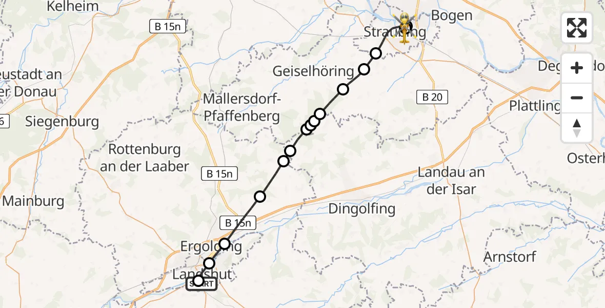 Flugroute Rettungshubschrauber Lakumed Hospital Landshut-Achdorf - Sankt Elisabeth Hospital Straubing, 05 April 2026, 13:59