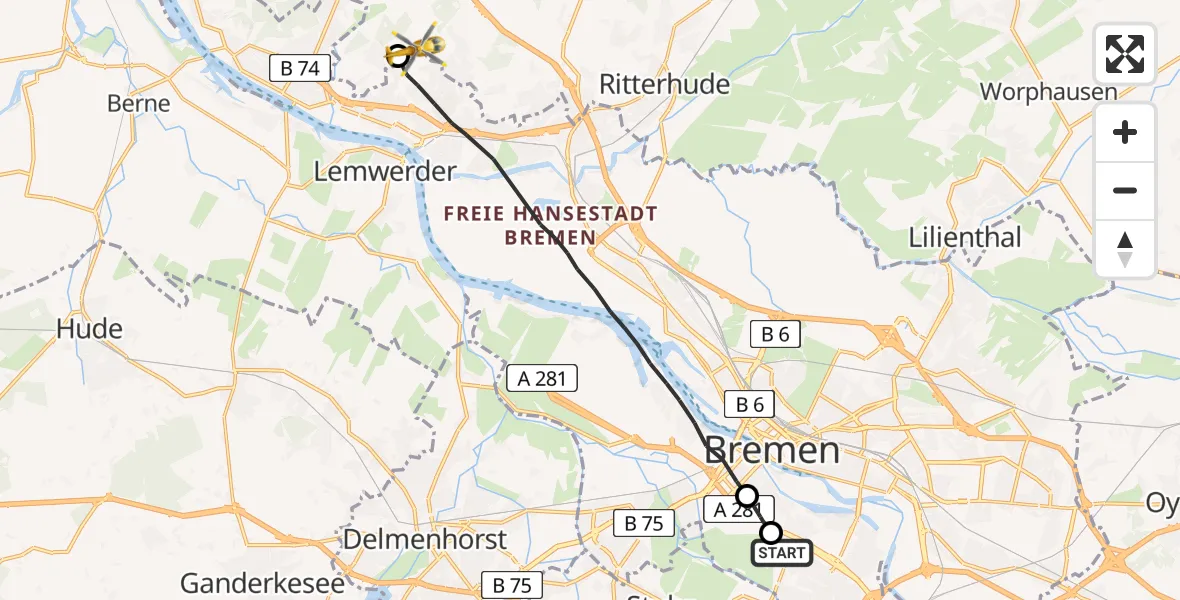 Flugroute Rettungshubschrauber Bremen - Schwanewede, 05 April 2026, 14:04