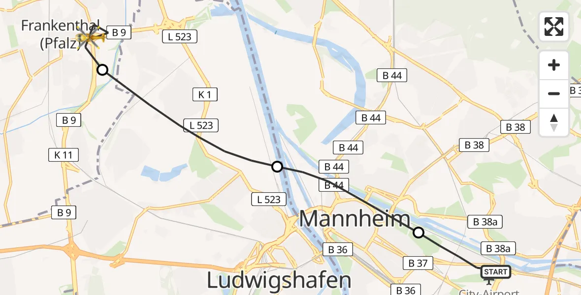 Flugroute Rettungshubschrauber Mannheim-City Flughafen - Frankenthal (Pfalz), 05 April 2026, 14:05