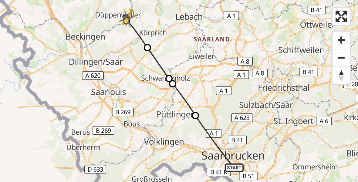 Flugroute Rettungshubschrauber Saarbrücken - Beckingen, 05 April 2026, 14:15