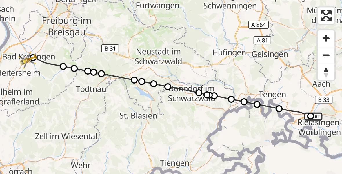 Flugroute Rettungshubschrauber Singen (Hohentwiel) - Bad Krozingen, 05 April 2026, 14:16