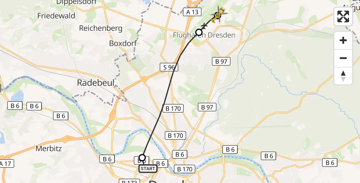 Flugroute Rettungshubschrauber Dresden Friedrichstadt Hospital - Dresden Bundespolizei Hubschrauberlandeplatz, 05 April 2026, 14:26