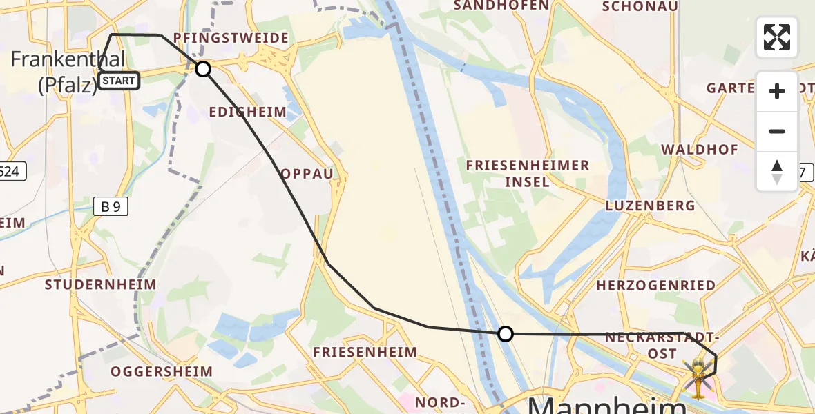 Flugroute Rettungshubschrauber Frankenthal (Pfalz) - Mannheim, 05 April 2026, 14:30