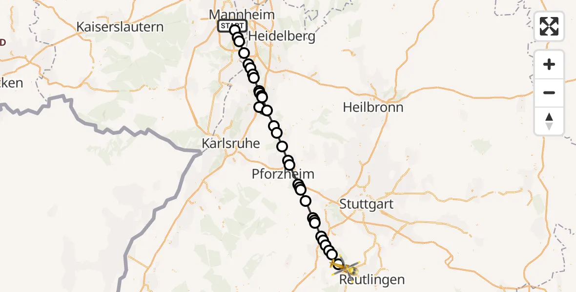 Flugroute Rettungshubschrauber Ludwigshafen am Rhein - Tübingen, 05 April 2026, 14:34