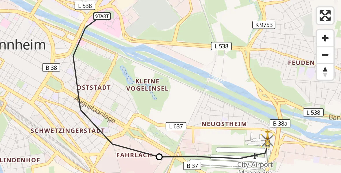 Flugroute Rettungshubschrauber Mannheim - Mannheim-City Flughafen, 05 April 2026, 15:00