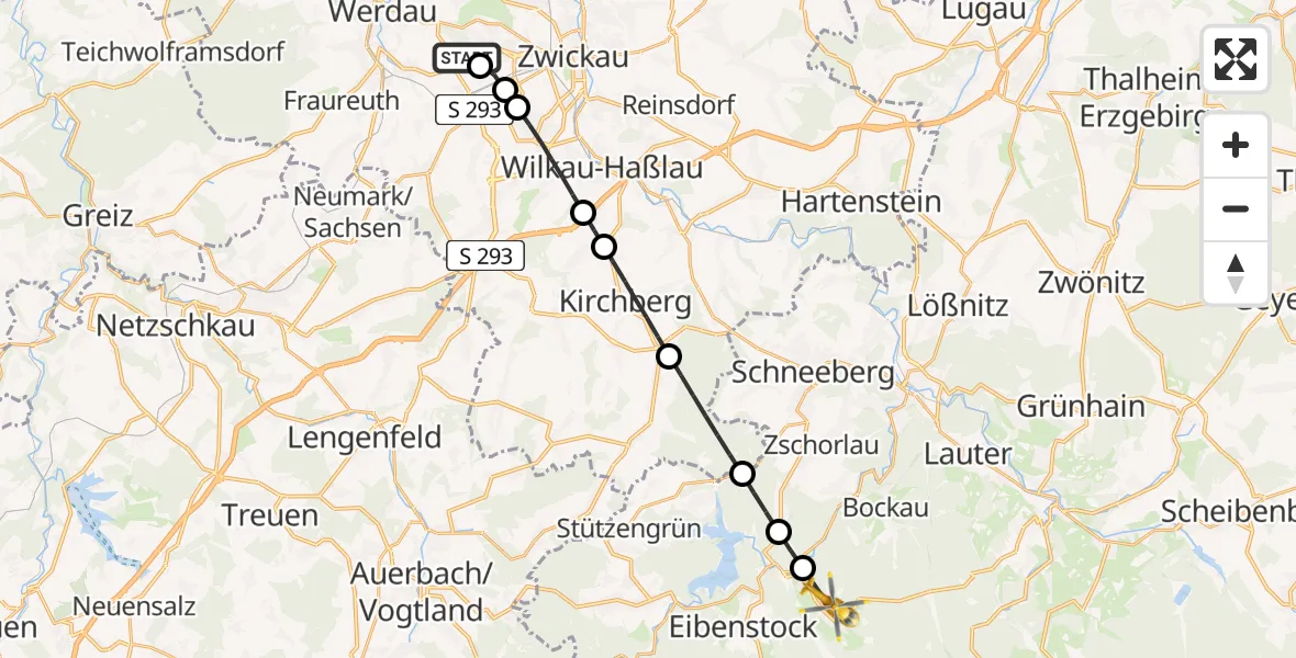 Flugroute Rettungshubschrauber ADAC Air Rescue Station Zwickau Hubschrauberlandeplatz - Eibenstock, 05 April 2026, 15:00