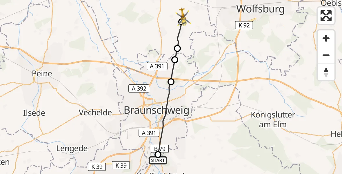 Flugroute Rettungshubschrauber Wolfenbüttel - Wasbüttel, 05 April 2026, 15:05