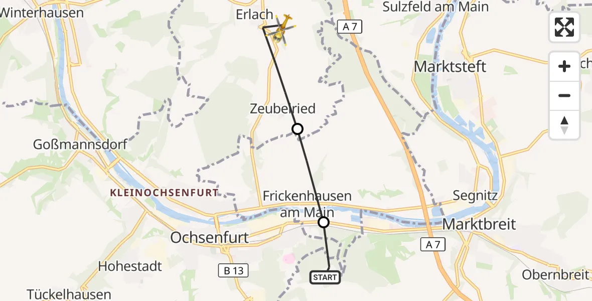 Flugroute Rettungshubschrauber Marktbreit - Ochsenfurt, 05 April 2026, 15:16