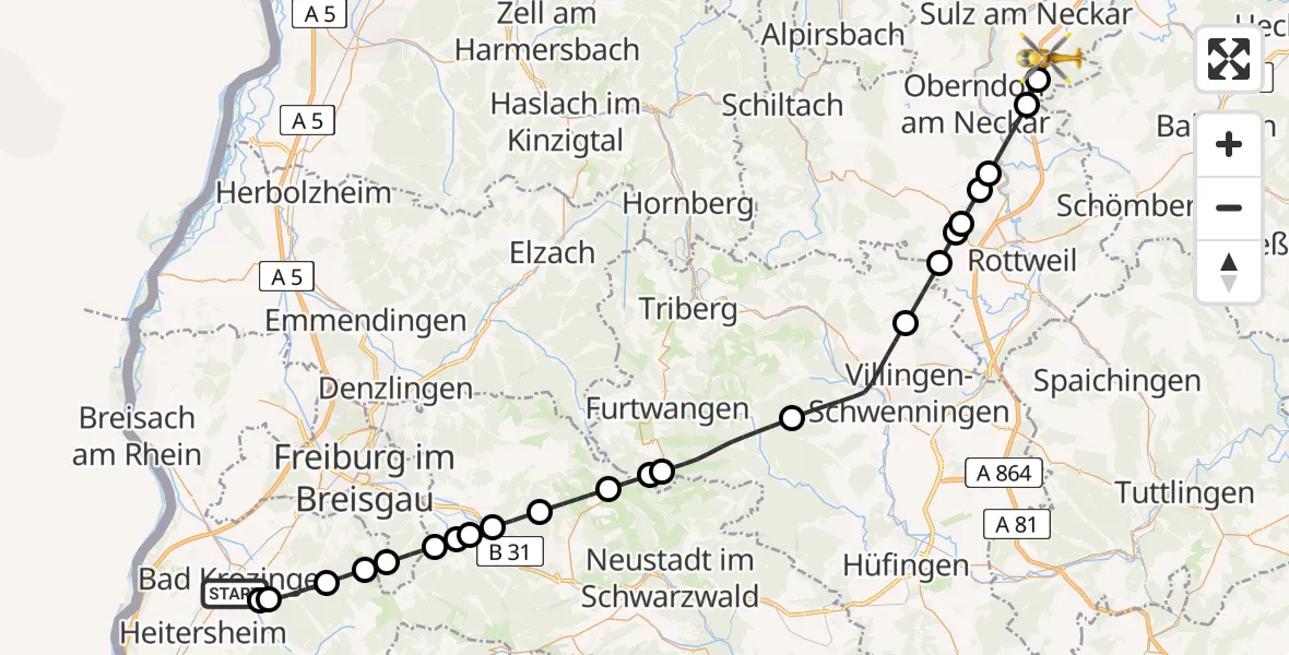 Flugroute Rettungshubschrauber Bad Krozingen - Vöhringen, 05 April 2026, 15:22