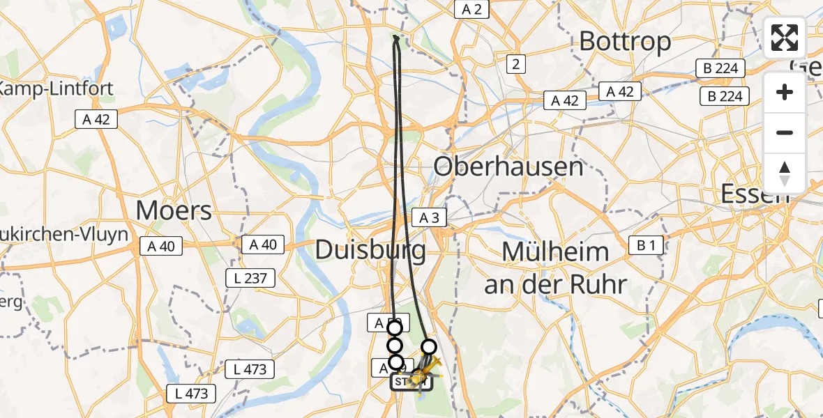 Flugroute Rettungshubschrauber Duisburg Air Rescue Hubschrauberlandeplatz (Christoph 9) - Duisburg, 05 April 2026, 15:26