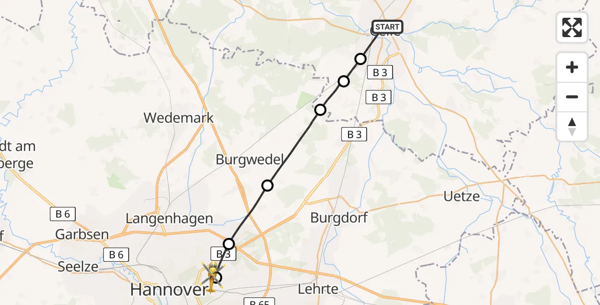 Flugroute Rettungshubschrauber Celle - Hannover Luftrettung Hubschrauberlandeplatz (Christoph 4), 05 April 2026, 15:27
