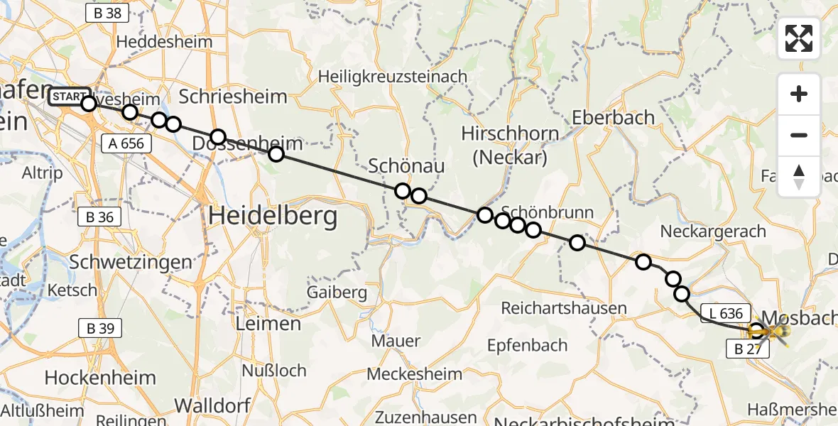 Flugroute Rettungshubschrauber Mannheim-City Flughafen - Mosbach, 05 April 2026, 15:28