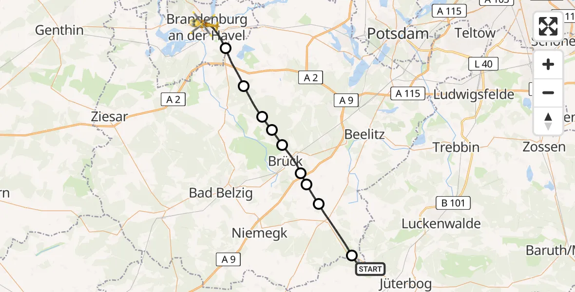 Flugroute Rettungshubschrauber Niedergörsdorf - Brandenburg an der Havel, 05 April 2026, 15:33