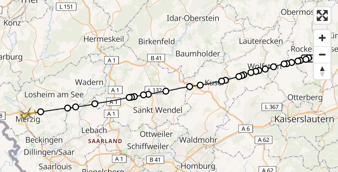 Flugroute Rettungshubschrauber Imsweiler UL - Merzig, 05 April 2026, 15:33