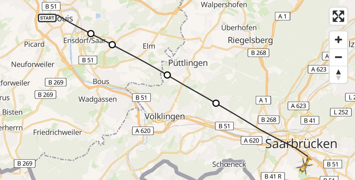 Flugroute Rettungshubschrauber Saarlouis - Saarbrücken, 05 April 2026, 15:36