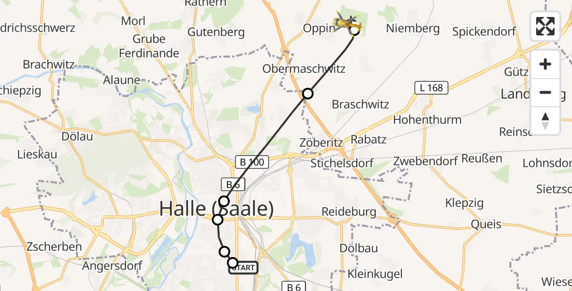Flugroute Ambulanzhubschrauber BG Hospital Bergmannstrost Halle - Halle-Oppin Flugplatz, 05 April 2026, 15:37