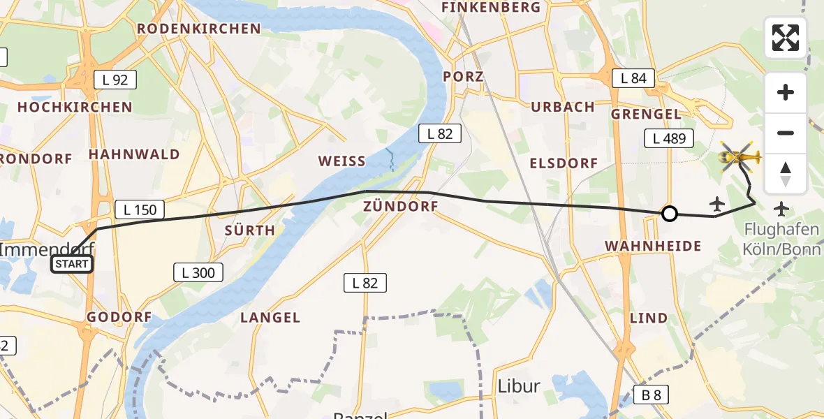 Flugroute Ambulanzhubschrauber Köln - Köln Bonn Flughafen, 05 April 2026, 15:39