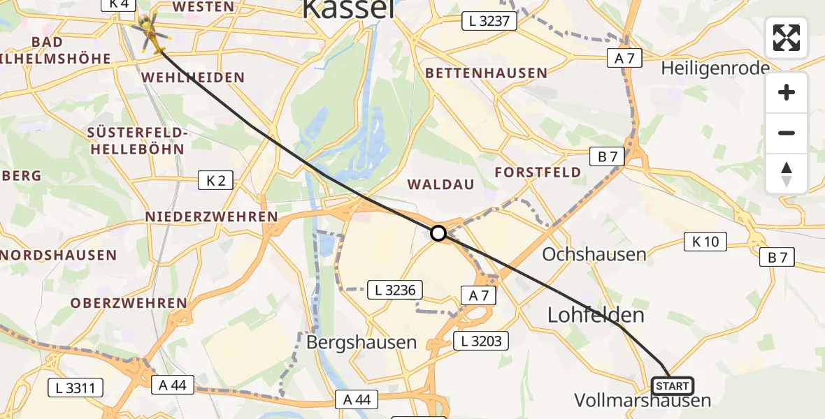 Flugroute Rettungshubschrauber Lohfelden - Kassel, 05 April 2026, 15:40