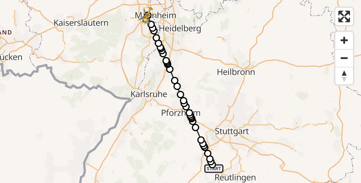 Flugroute Rettungshubschrauber Tübingen - Ludwigshafen Accident Hospital, 05 April 2026, 15:41