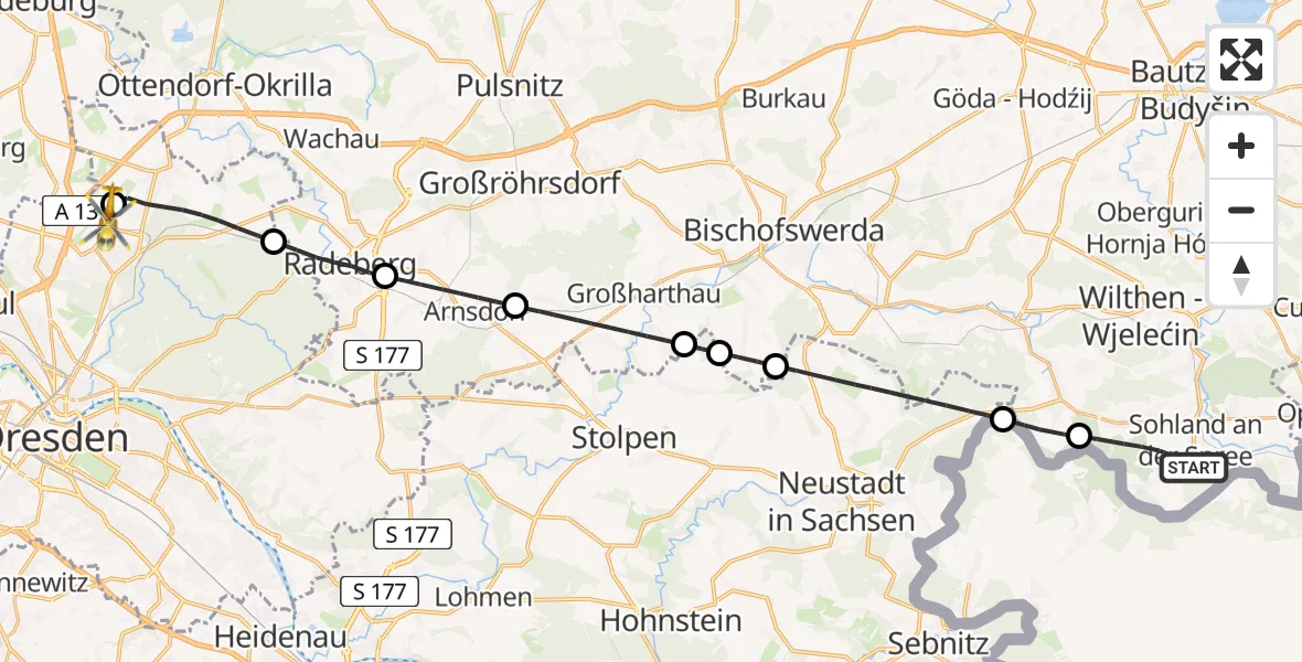 Flugroute Rettungshubschrauber Sohland a.d.Spree - Dresden Bundespolizei Hubschrauberlandeplatz, 05 April 2026, 15:47