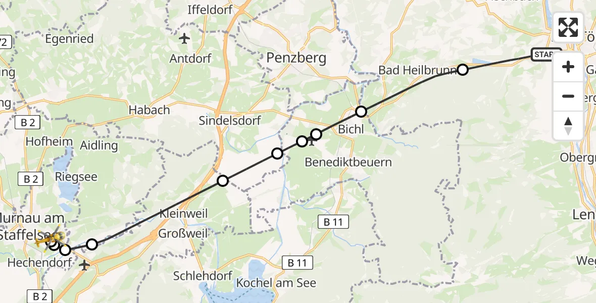 Flugroute Rettungshubschrauber Wackersberg - Murnau Accident Hospital, 05 April 2026, 15:55