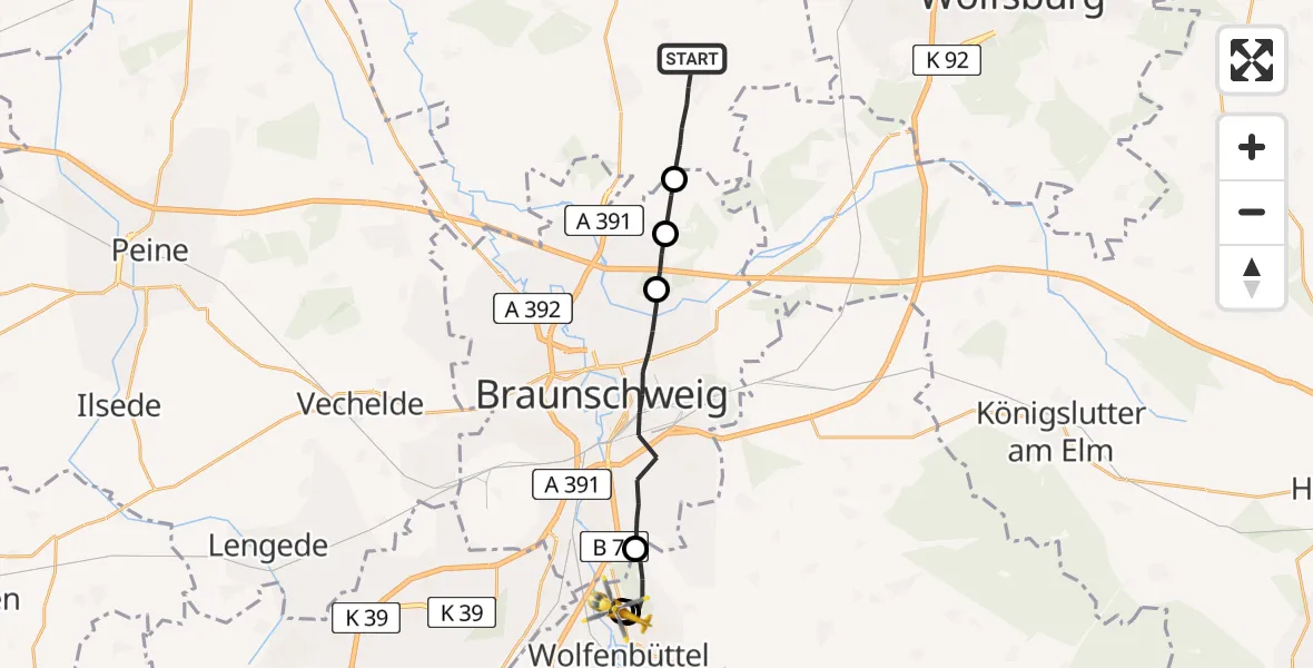Flugroute Rettungshubschrauber Meine - Wolfenbüttel Municipal Hospital Heliport (Christoph 30), 05 April 2026, 16:04