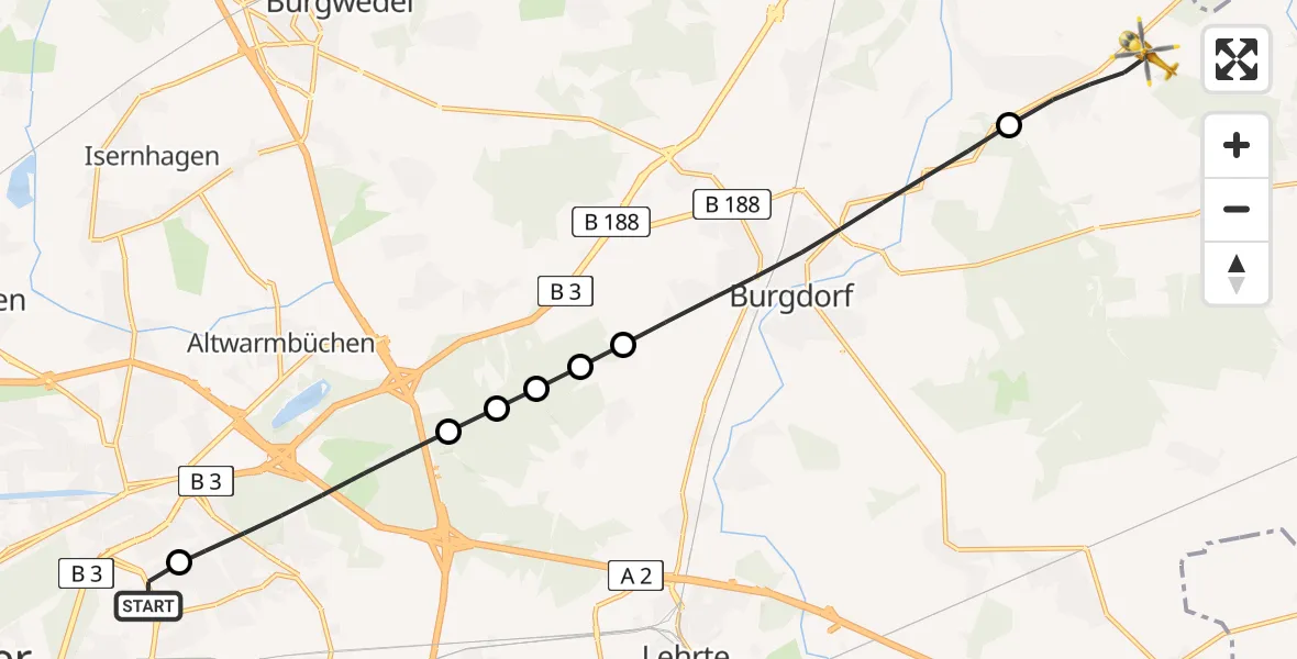 Flugroute Rettungshubschrauber Hannover Luftrettung Hubschrauberlandeplatz (Christoph 4) - Uetze, 05 April 2026, 16:06