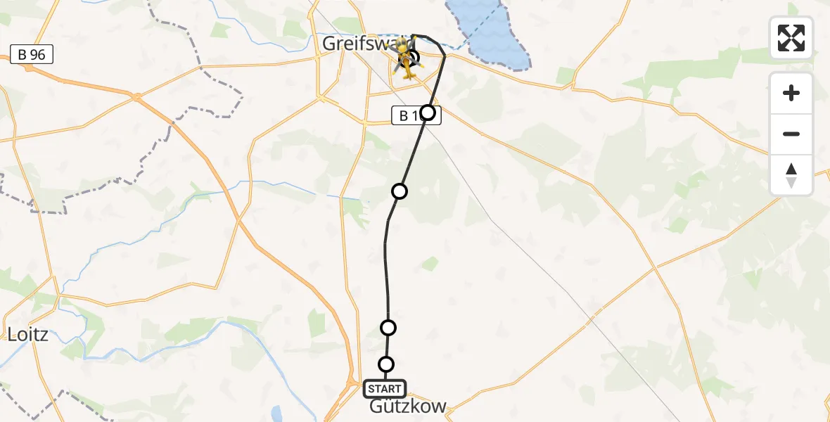 Flugroute Rettungshubschrauber Gützkow - Greifswald Hospital, 05 April 2026, 16:09