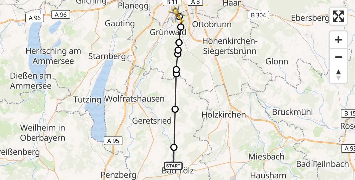 Flugroute Rettungshubschrauber Bad Tölz - ADAC Air Rescue Center Hubschrauberlandeplatz (Christoph 1), 05 April 2026, 16:16