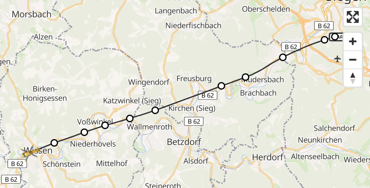 Flugroute Rettungshubschrauber Evangelisches Jung-Stilling Hospital - Wissen, 05 April 2026, 16:21