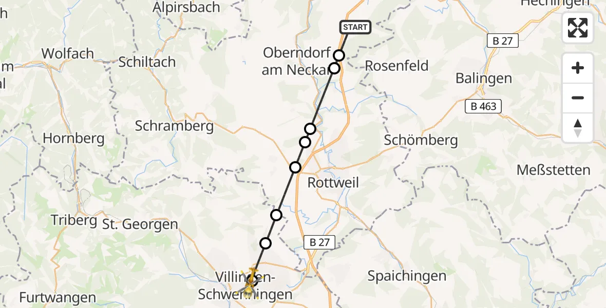 Flugroute Rettungshubschrauber Vöhringen - DRF Air Rescue Station Villingen-Schwenningen Hubschrauberlandeplatz (Christoph 11), 05 April 2026, 16:22