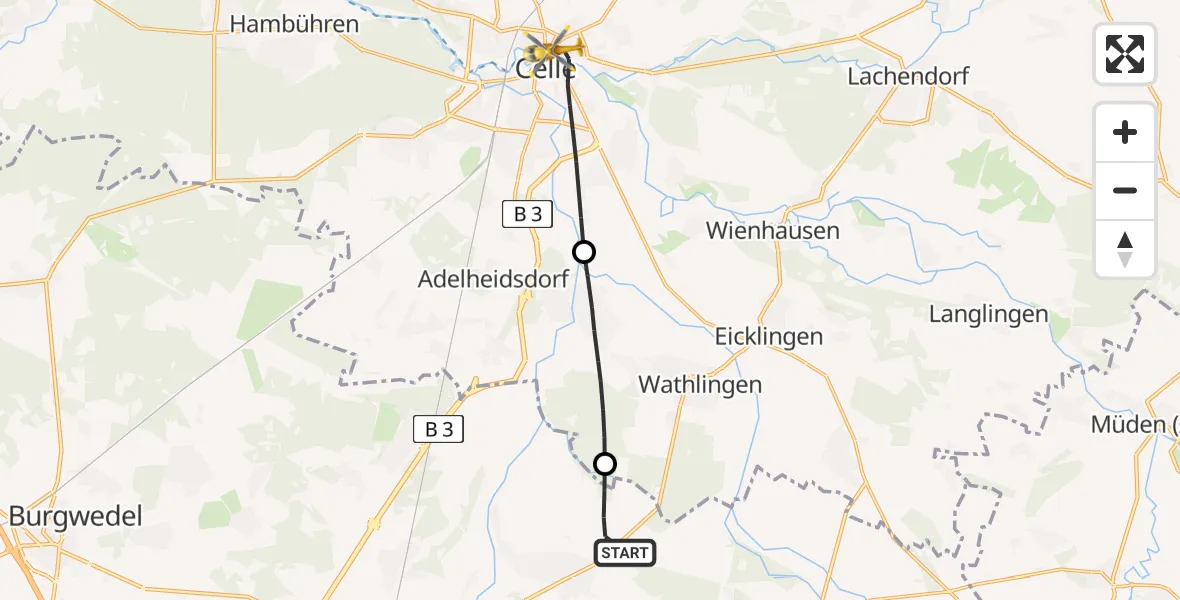 Flugroute Rettungshubschrauber Uetze - Celle, 05 April 2026, 16:24