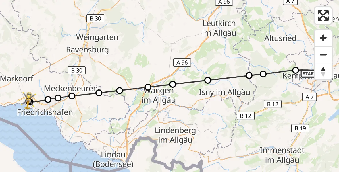 Flugroute Rettungshubschrauber Kempten (Allgäu) - Friedrichshafen Hospital, 05 April 2026, 16:26
