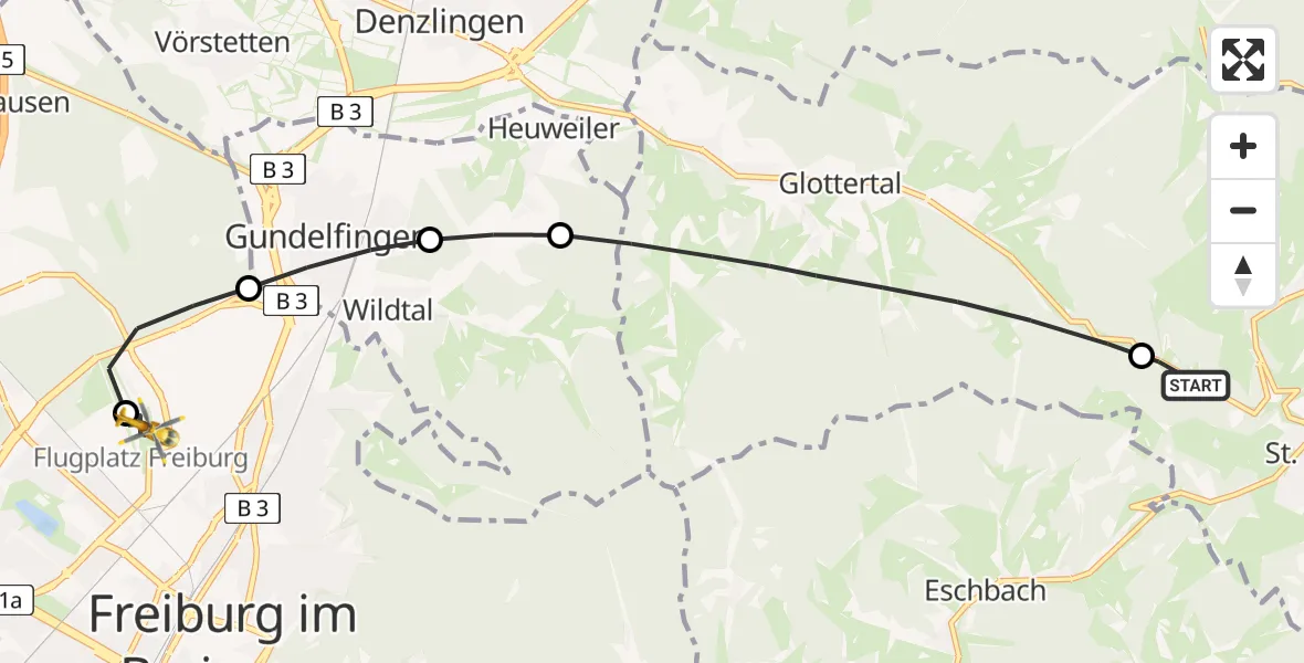 Flugroute Rettungshubschrauber St. Peter - Freiburg im Breisgau Flugplatz, 05 April 2026, 16:34