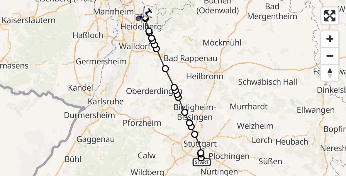 Flugroute Polizeihubschrauber Flughafen Stuttgart - Schriesheim, 05 April 2026, 16:40