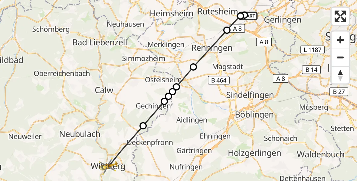 Flugroute Rettungshubschrauber Leonberg Hospital - Wildberg, 05 April 2026, 16:40