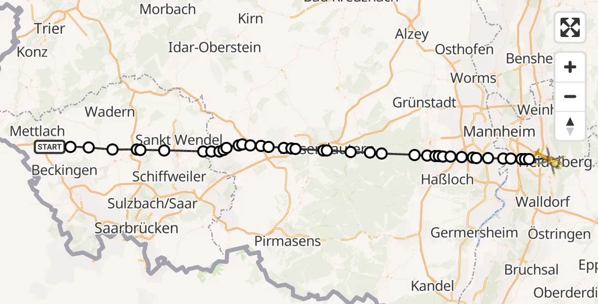 Flugroute Rettungshubschrauber Merzig - Heidelberg, 05 April 2026, 16:45