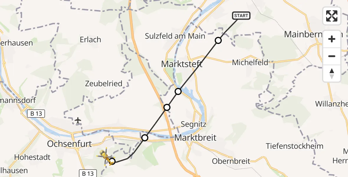 Flugroute Rettungshubschrauber Kitzingen - Ochsenfurt Hospital, 05 April 2026, 16:52