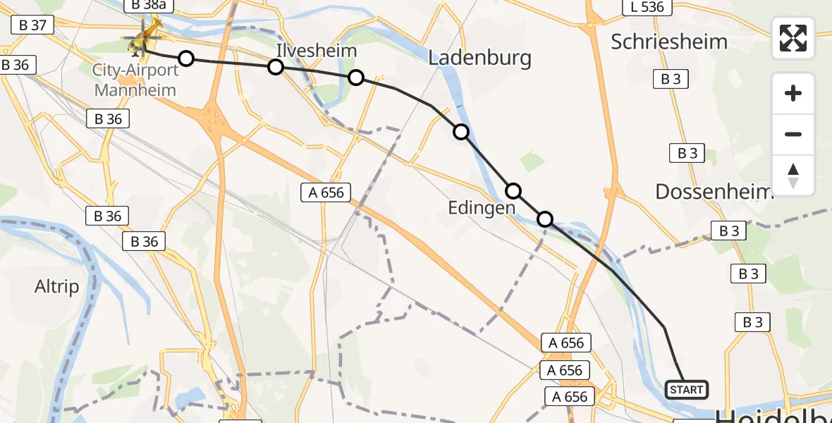 Flugroute Rettungshubschrauber Heidelberg - Mannheim-City Flughafen, 05 April 2026, 17:15
