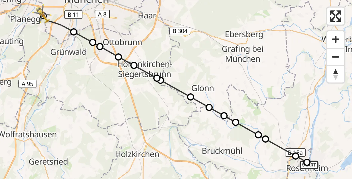 Flugroute Rettungshubschrauber RoMed Hospital Rosenheim - DRF Air Rescue München Hubschrauberlandeplatz, 05 April 2026, 17:18