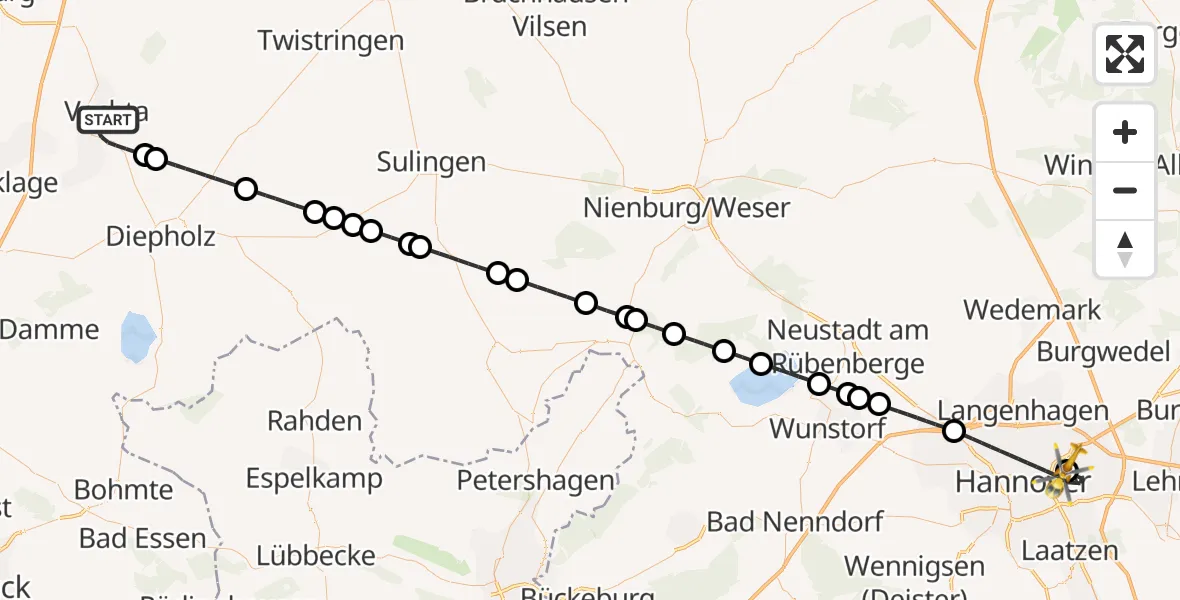 Flugroute Ambulanzhubschrauber Vechta - Hannover Luftrettung Hubschrauberlandeplatz (Christoph 4), 05 April 2026, 17:23