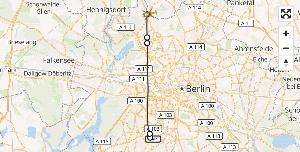 Flugroute Rettungshubschrauber Charité Clinic Benjamin Franklin Campus - Glienicke/Nordbahn, 05 April 2026, 17:32