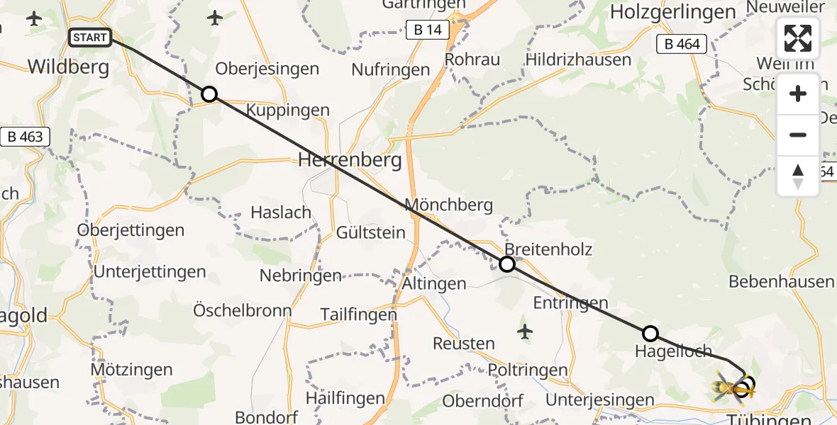 Flugroute Rettungshubschrauber Wildberg - Tübingen University Hospital, 05 April 2026, 17:38
