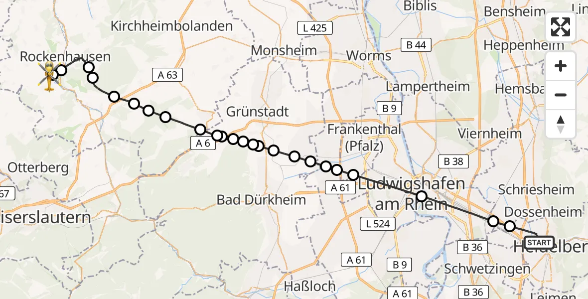 Flugroute Rettungshubschrauber Heidelberg - Imsweiler UL, 05 April 2026, 17:47