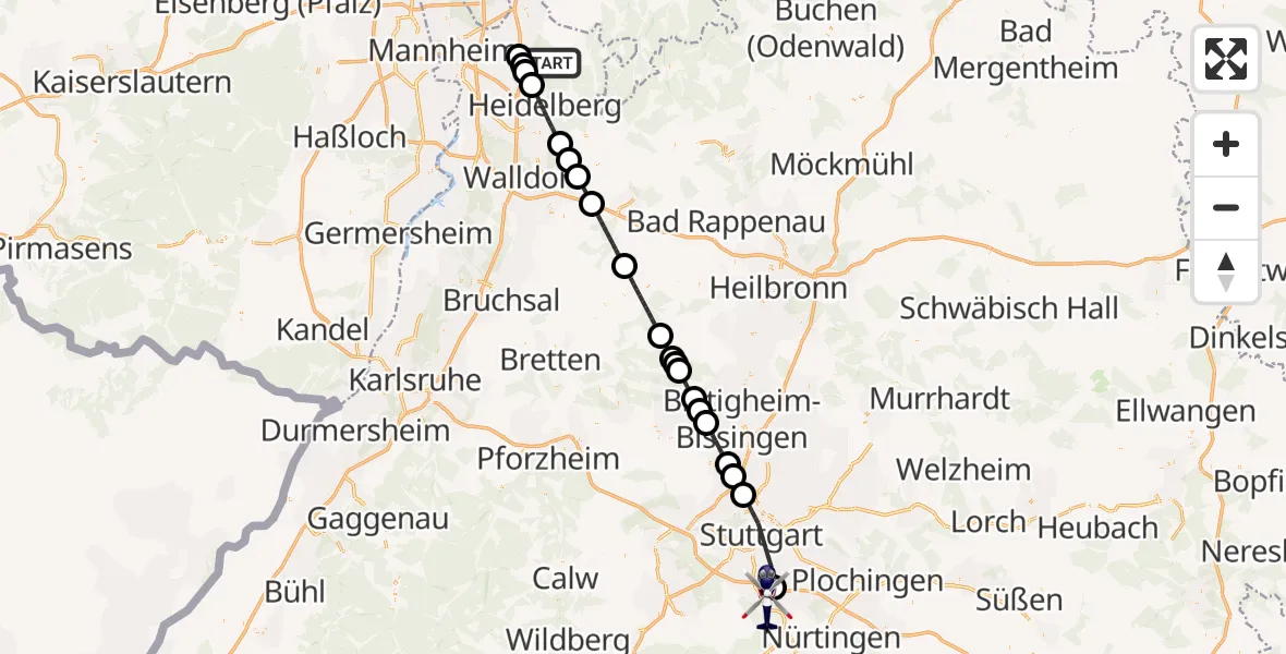 Flugroute Polizeihubschrauber Schriesheim - Flughafen Stuttgart, 05 April 2026, 17:56