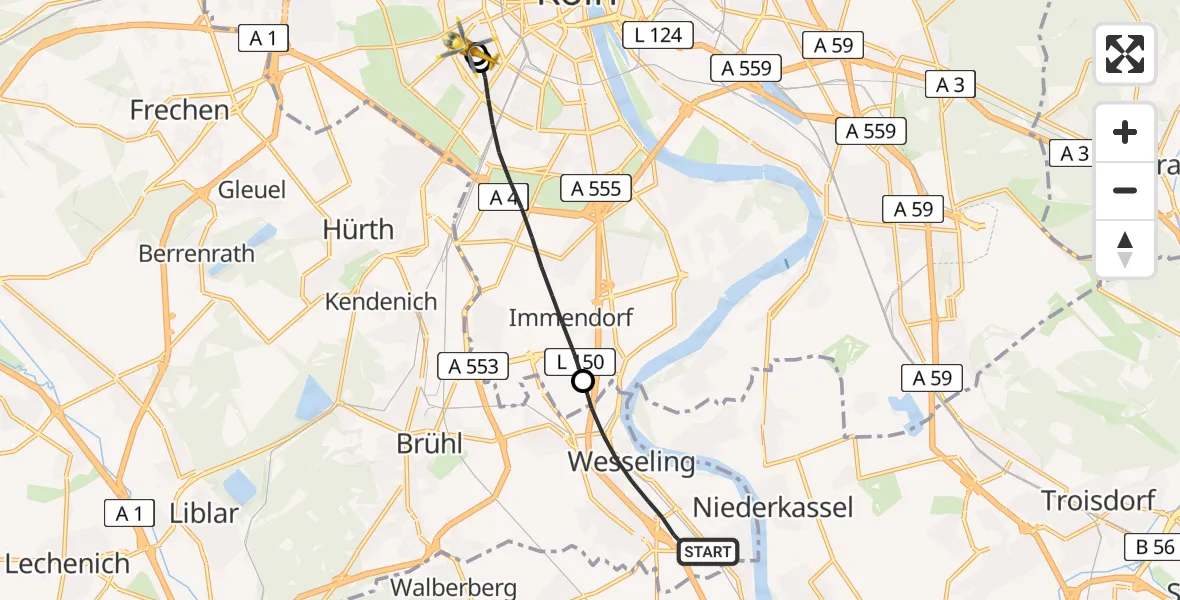 Flugroute Rettungshubschrauber Wesseling - Köln University Hospital, 05 April 2026, 18:08