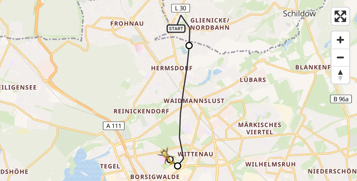 Flugroute Rettungshubschrauber Glienicke/Nordbahn - Vivantes Humboldt Clinic, 05 April 2026, 18:20