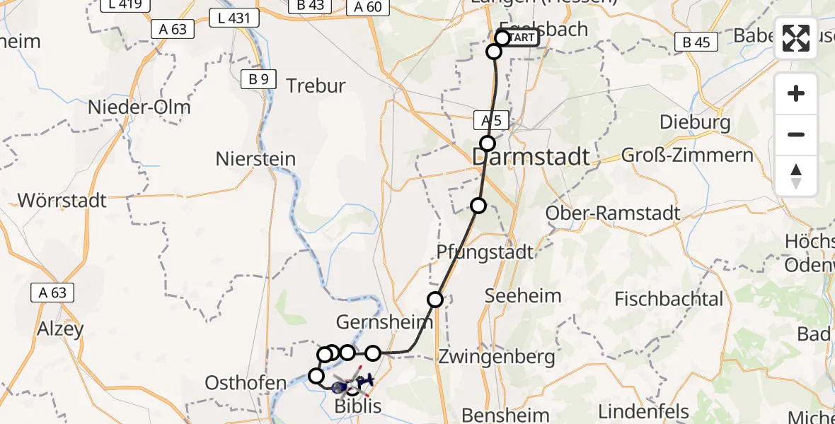 Flugroute Polizeihubschrauber Flughafen Frankfurt-Egelsbach - Groß-Rohrheim, 05 April 2026, 18:36